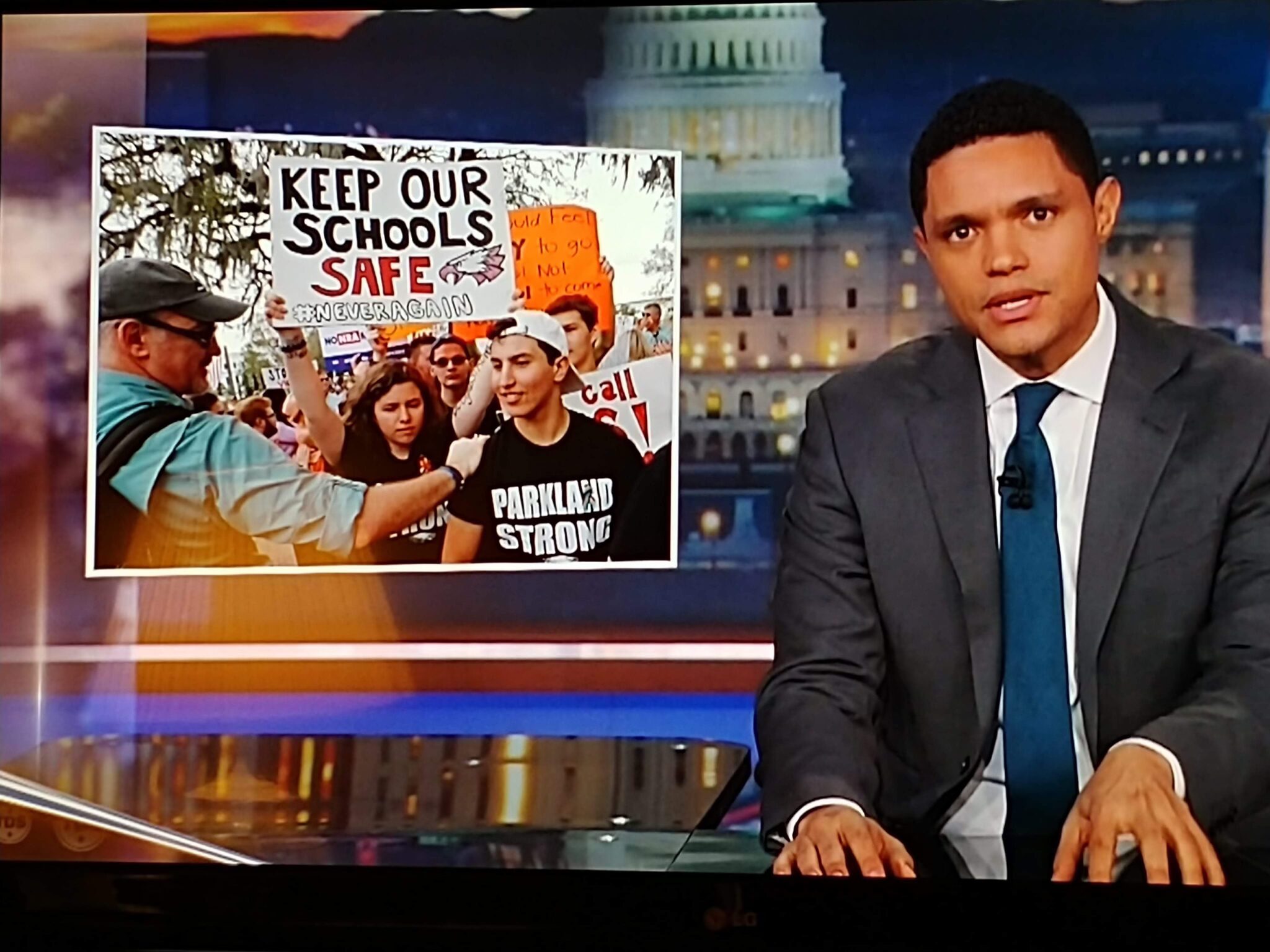 The Daily Show with Trevor Noah featuring our Florida petition operation, with Mitch visible holding a sign