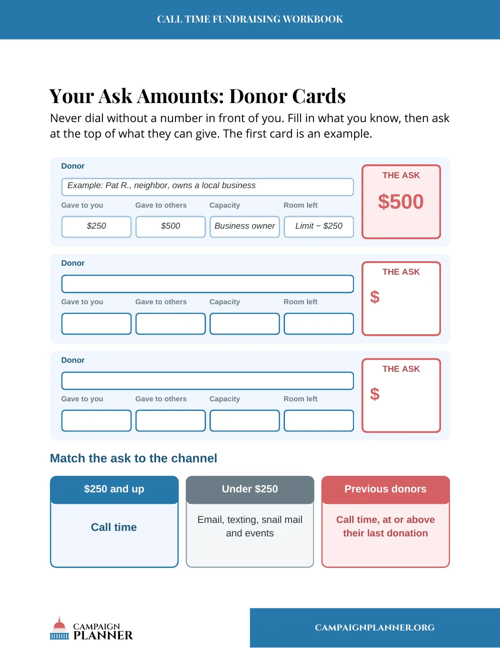 Workbook page: Your Ask Amounts, Donor Cards