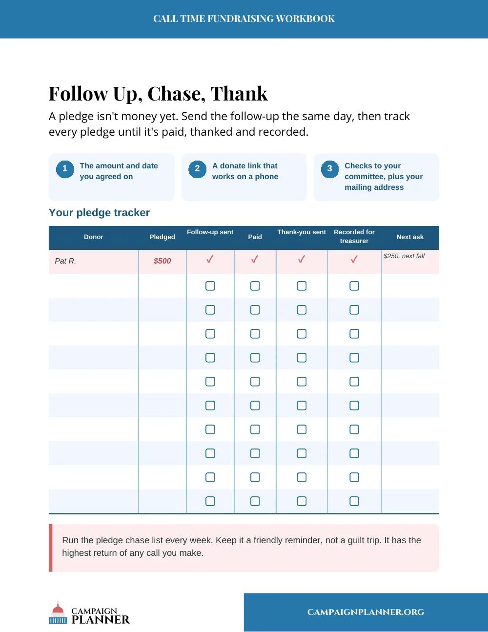 Workbook page: Follow Up, Chase, Thank