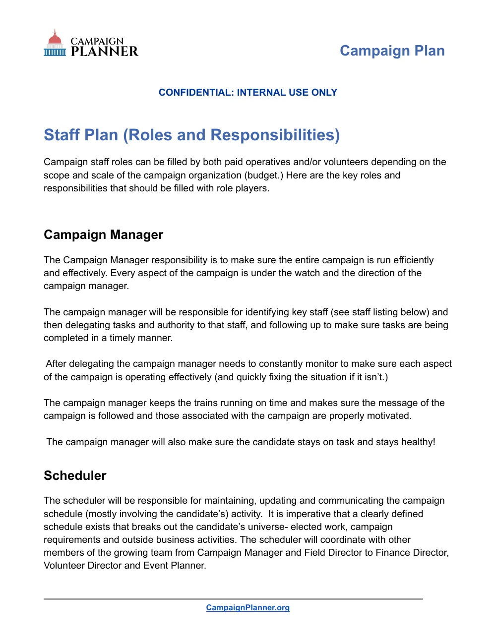 Template page: Staff Plan, Roles and Responsibilities