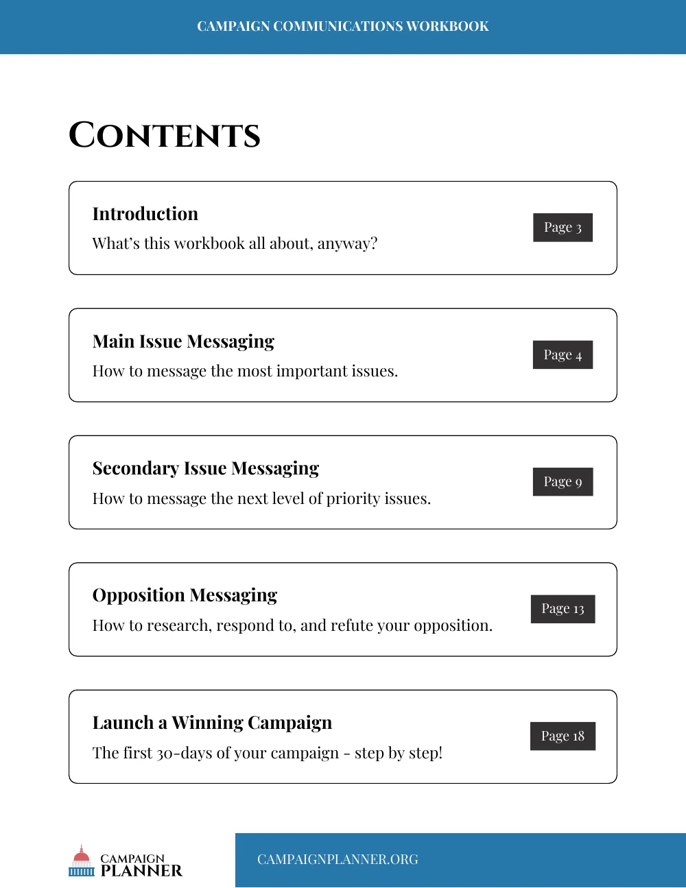 The Campaign Messaging Workbook contents page
