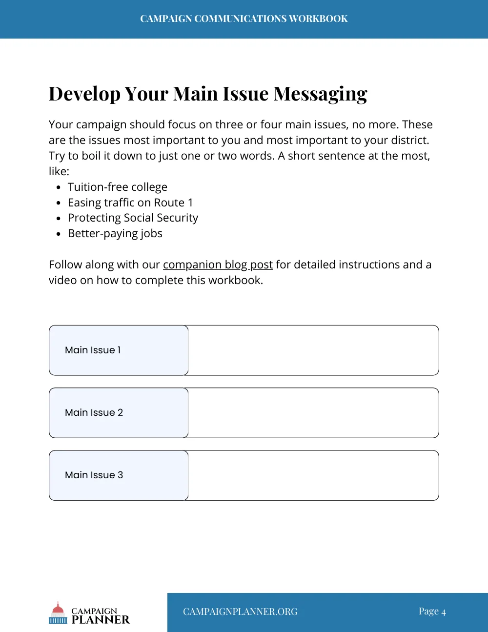 Workbook page: Develop Your Main Issue Messaging