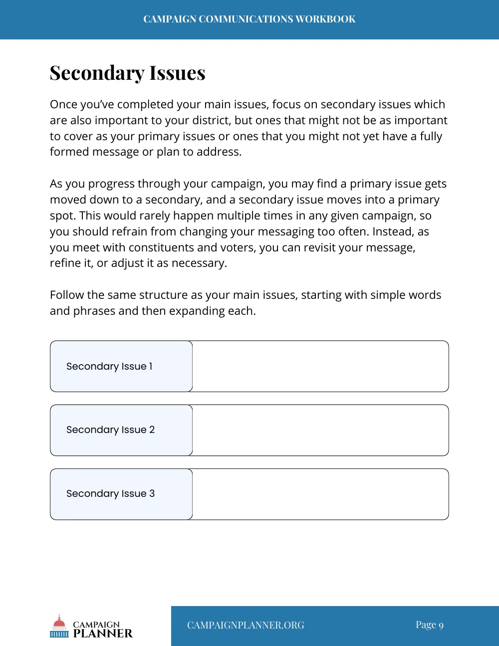 Workbook page: Secondary Issues