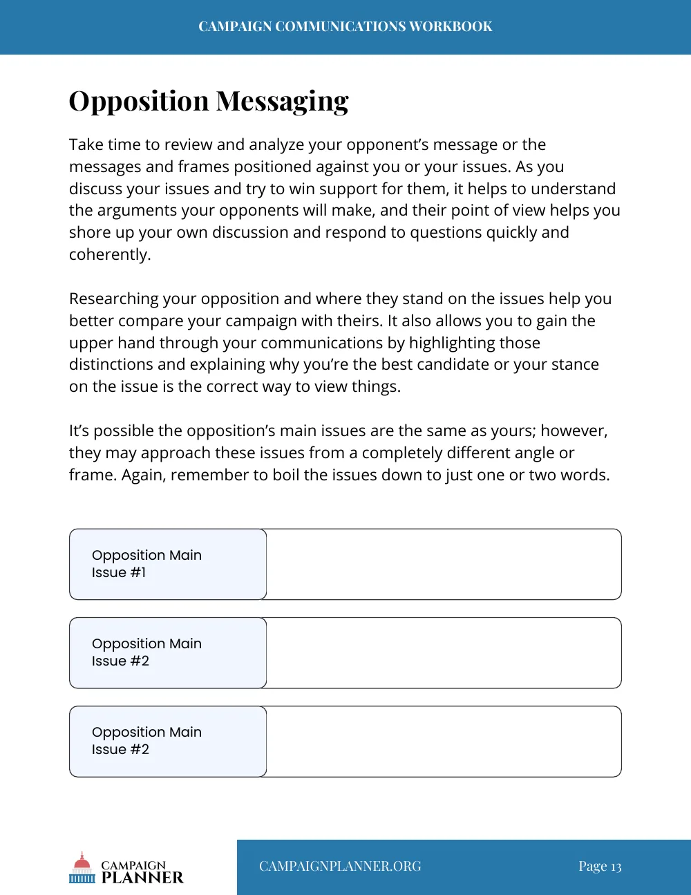 Workbook page: Opposition Messaging