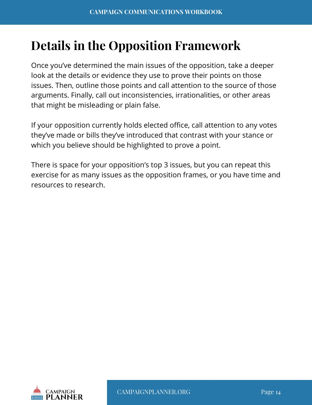 Workbook page: Details in the Opposition Framework