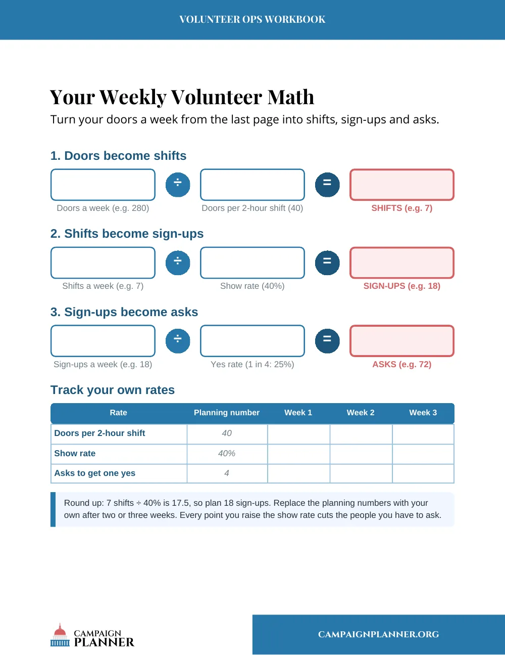 Workbook page: Your Weekly Volunteer Math