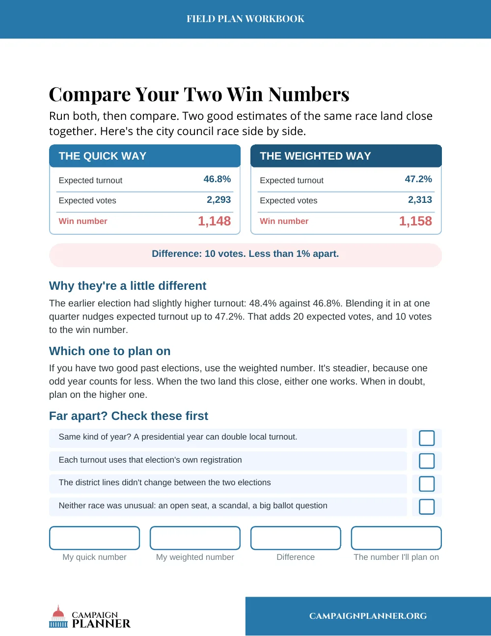 Workbook page: Compare Your Two Win Numbers