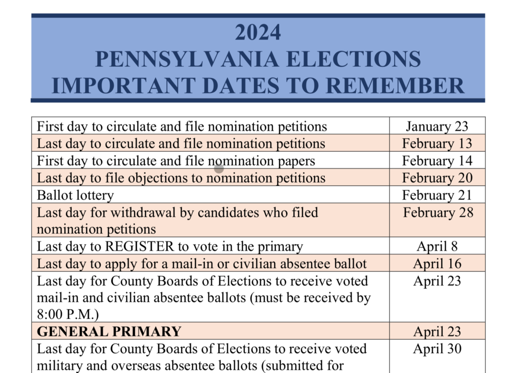 Election calendar example from Pennsylvania